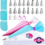 Riccle Piping Bags and Tips Set, 11.8 Inch 100 Anti Burst Piping Bags, 124 Pcs Cake Decorating Kit with 16 Piping Tips, 1 Reusable Pastry Bags, 3 Cake Scrapers, 2 Couplers, and 2 Icing Bags Ties