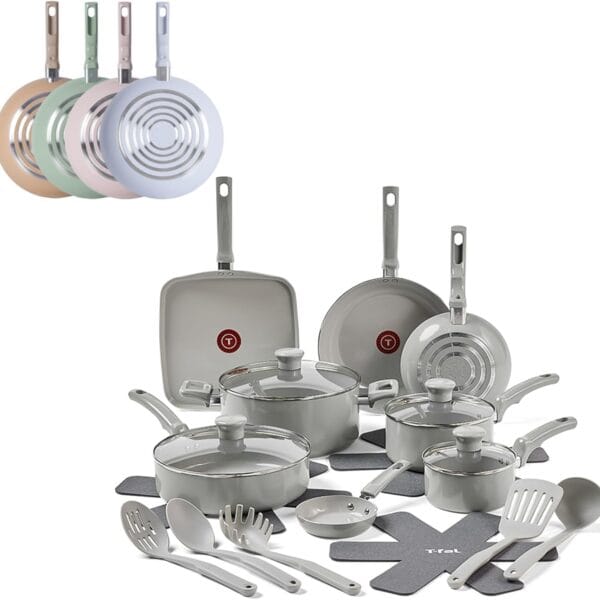 T-Fal Refresh Ceramic Pots and Pans Set, 20-Piece Nonstick Cookware Set, Stockpot, Griddle, Frying Pans, Utensils, Moon Grey
