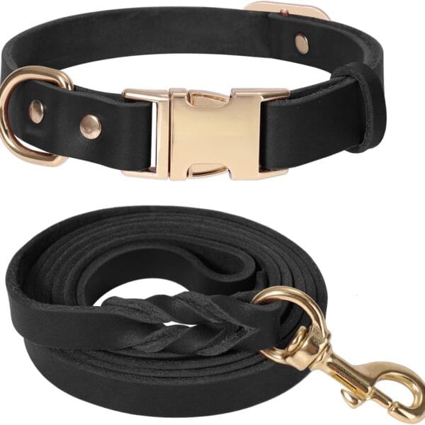 LWBMG 5FT Leather Dog Collar and Leash Set, Heavy Duty Dog Leash and Collar with Metal Buckle,Adjustable Pet Collar and Leash, Soft Pet Leash and Collar Set for Small Medium Dogs Black