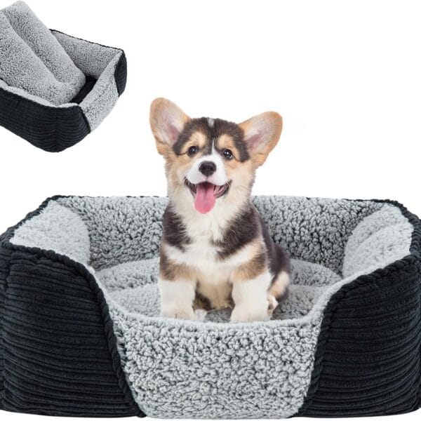 Miguel Washable Dog Bed with Removable Cushion for Small Dogs, Easy to Wash Pet Sofa Bed with Side, Rectangle Bolster Cat Bed Calming Cuddle Puppy Bed with Anti-Slip Bottom, Black 20 Inch