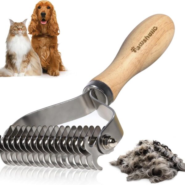 Undercoat Rake for Dogs - Professional Pet Shedding Dematting Comb with Wood Handle, Stainless Steel Blades for Pet Cats Dogs Matted Hair Tangles Removing