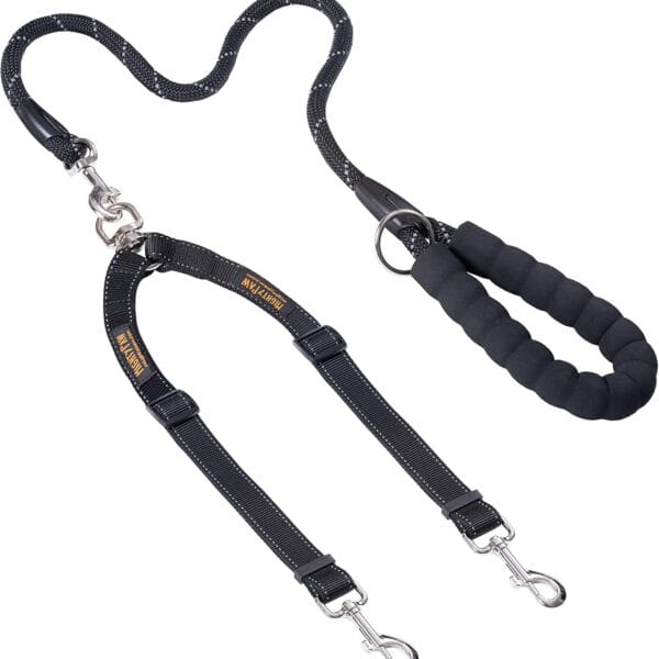 Mighty Paw Double Dog Leash with Rope Handle - Double Leash for Two Dogs No Tangle Design. Split Lead for 2 Pets. Adjustable to Fit All Sized Breeds. Reflective Dual Pet Lead for People with 2 Pups