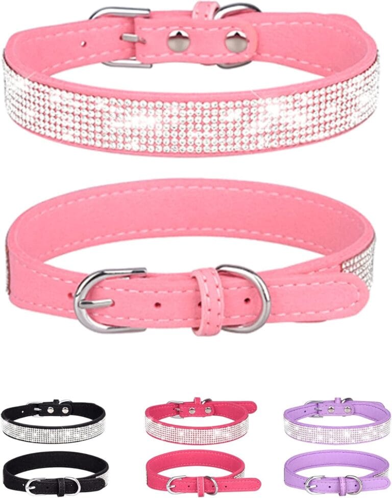 Dog Collar for Small Dogs, Adjustable Leather Suede Bling Dog CollarsPink Dog Collar Cat Collar, Rhinestone Dog Collar(S, Pink)