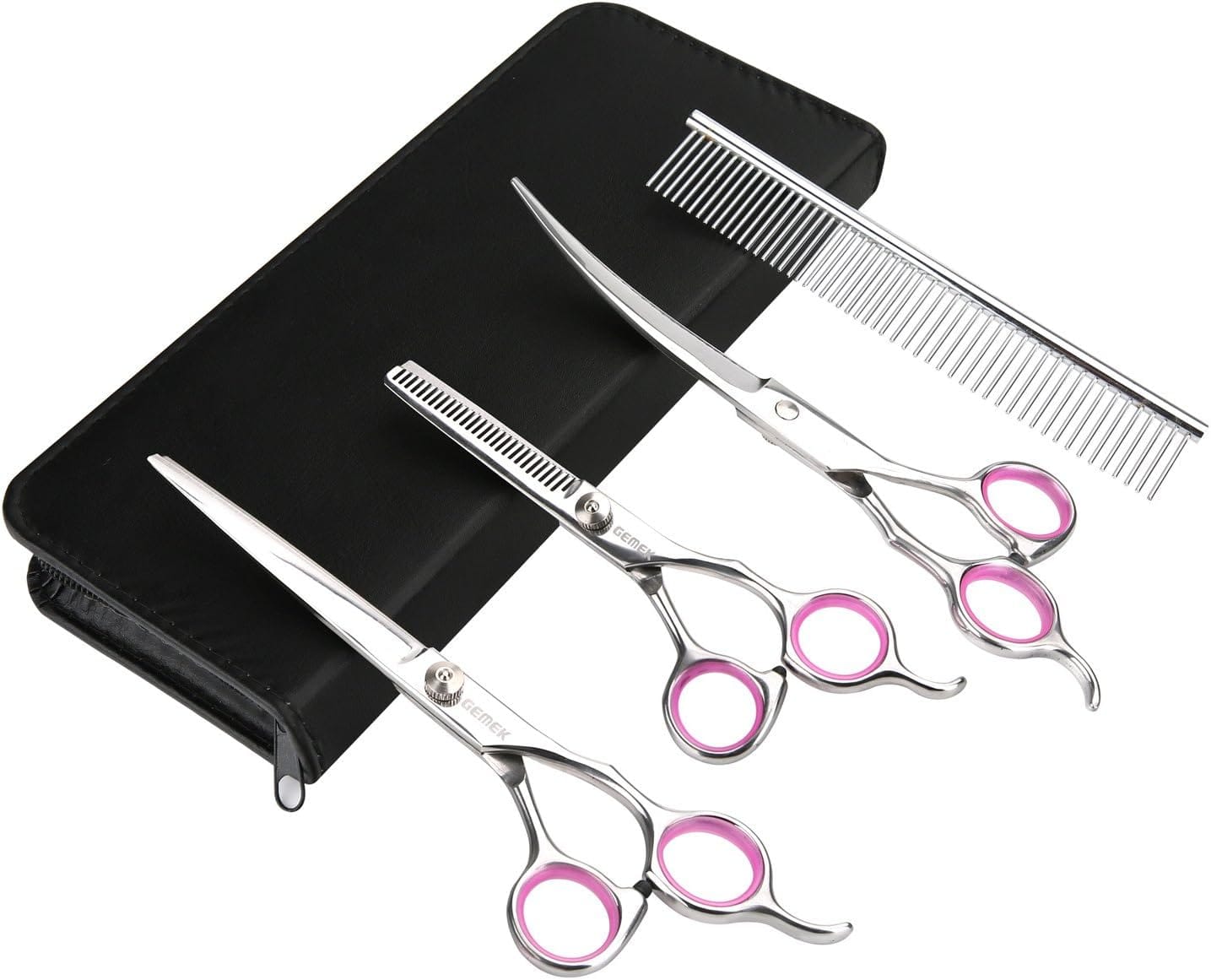 GEMEK Pet Cat Dog Grooming Scissors Set 4 Pieces Stainless Steel Professional Pet Trimmer Kit - 7.5 inch Straight Cutting, Thinning Shears, Curved, Grooming Combs GEMEK Pet Cat Dog Grooming Scissors Set 4 Pieces Stainless Steel Professional Pet Trimmer Kit - 7.5 inch Straight Cutting, Thinning Shears, Curved, Grooming Combs