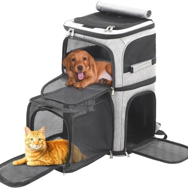 Expandable Cat Backpack Carrier for 2 Cats, Dog Backpack for 2 Small Pets Dogs, Cat Carrier for Large Cats Multiple Pets, 7 Windows ventilation, Built-in Frame Support Plate and Safety Straps Foldable
