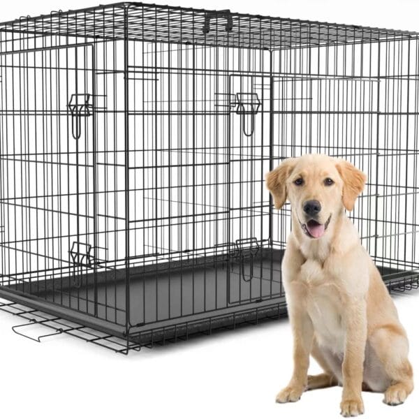 PetsTuff GREAT CRATES 42 X-Large Dog Crate - Heavy-Duty Dog Kennel With Divider Panel For Pets 65-85lbs - Durable Leaf-Proof Tray - Foldable, Carry Handle & Wheels For Easy Moving - Two-Door Dog Cage