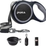 PINA Retractable Dog Leash, 26ft Dog Leash for Small Medium Large Dogs Up to 110lbs, 360 Tangle-Free Strong Reflective Nylon Tape, with Anti-Slip Handle, One-Handed Brake, Lock - Black Gray
