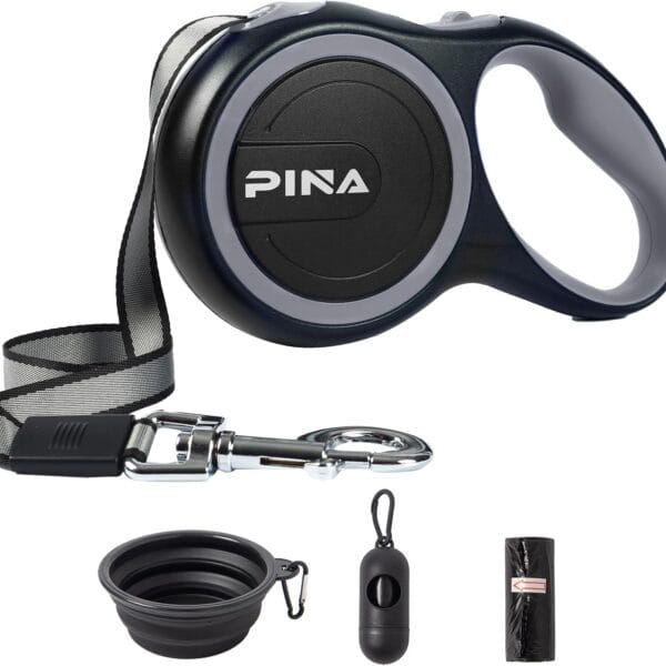 PINA Retractable Dog Leash, 26ft Dog Leash for Small Medium Large Dogs Up to 110lbs, 360 Tangle-Free Strong Reflective Nylon Tape, with Anti-Slip Handle, One-Handed Brake, Lock - Black Gray