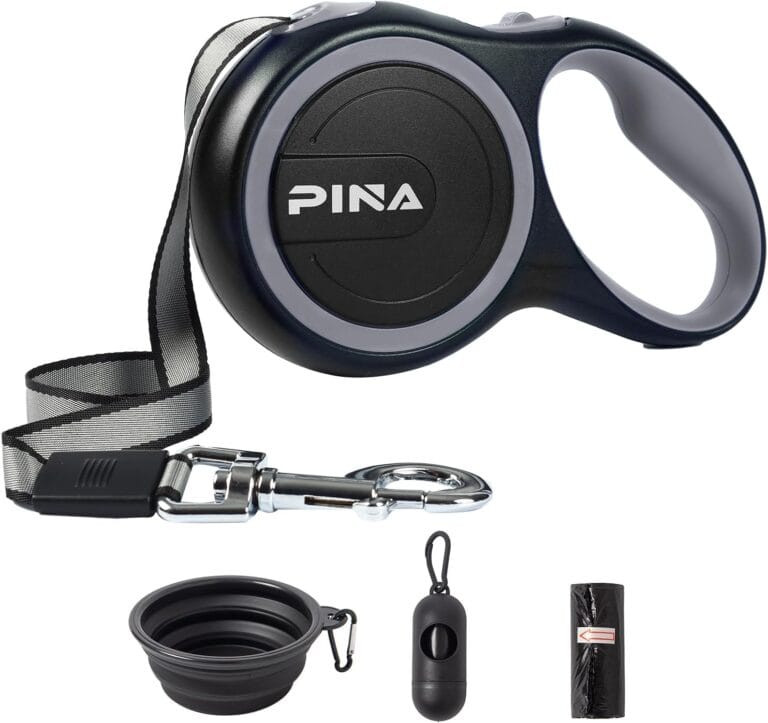 PINA Retractable Dog Leash, 26ft Dog Leash for Small Medium Large Dogs Up to 110lbs, 360 Tangle-Free Strong Reflective Nylon Tape, with Anti-Slip Handle, One-Handed Brake, Lock - Black Gray