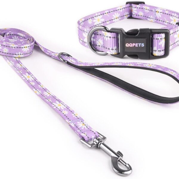Reflective Dog Collar Leash Combo: Puppy Small Medium Large Adjustable Cute Matching Collar Set for Pet Girl/Boy Comfy Easy Walk Running Outdoor Hiking (XS Small, Purple)