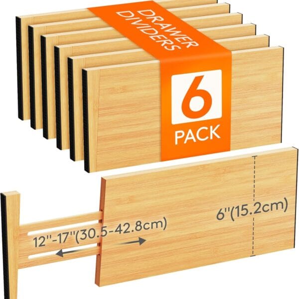 Lifewit 6 Pack 6" Deep Bamboo Drawer Dividers, 13-16.5" Expandable Drawer Organisers for Clothes, Adjustable Dresser Drawer Divider, Clothing Drawers Separators for Dresser, Bedroom, Bathroom, Office