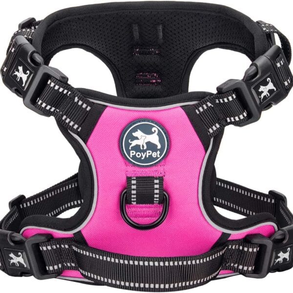 PoyPet 2019 Upgraded No Pull Dog Harness with 4 Snap Buckles, 3M Reflective with Front & Back 2 Leash Hooks and an Easy Control Handle [NO Need Go Over Dogs Head] (Pink,L)