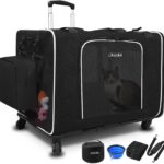 Petskd Extra Large Cat Carrier with Wheels and Litter Box 24"x17"x17" for Large Cat or 2 Small Cats, Collapsible Soft Sided Pet Carrier for Car Travel with Lockable Safety Zippers(Black)