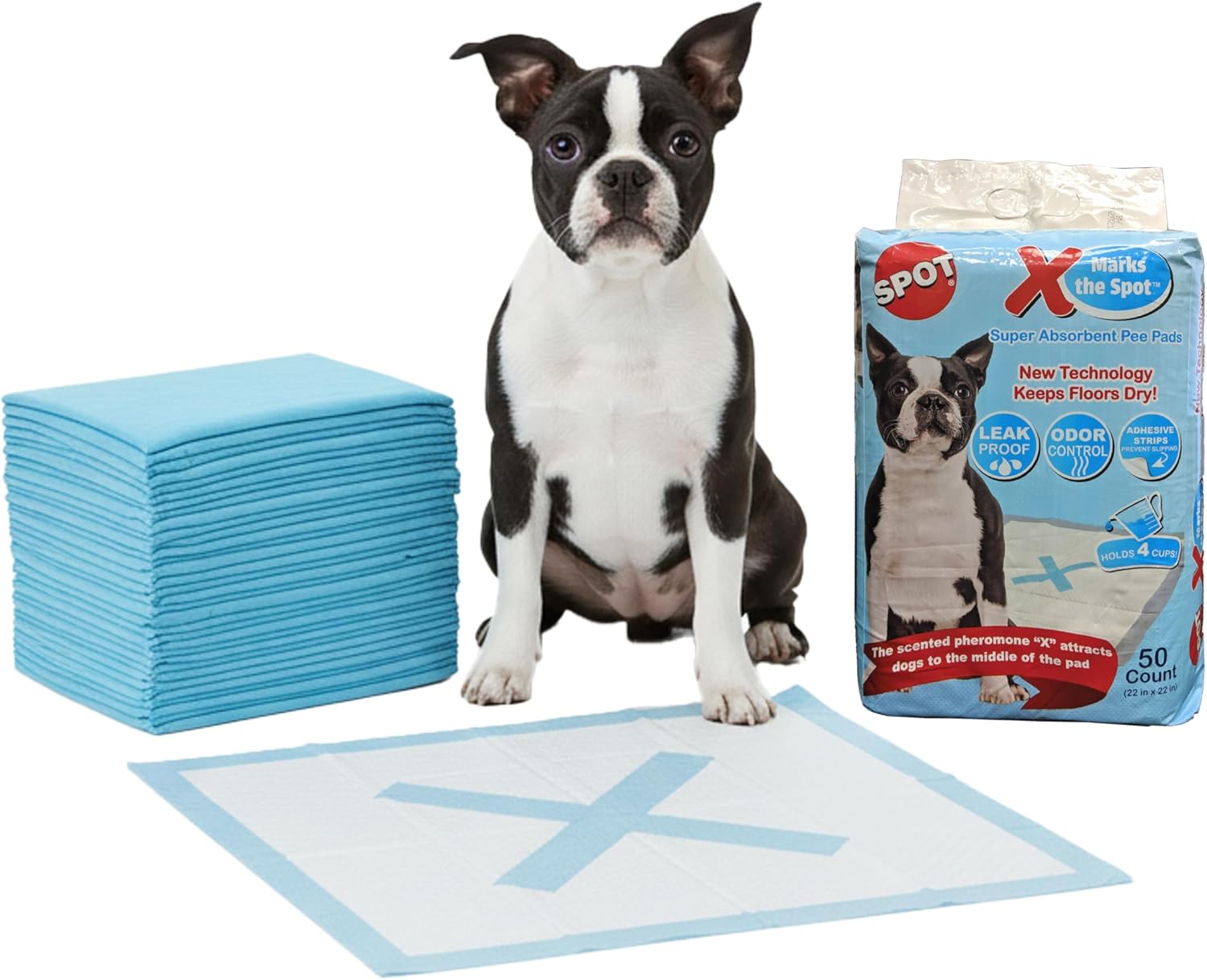 SPOT X Marks The Spot Extra Absorbent Puppy Pads with Adhesive Strips & Pheromones Attracts Dogs to Center for Training & Potty, 22" x 22", 30-Pack SPOT X Marks The Spot Extra Absorbent Puppy Pads with Adhesive Strips & Pheromones Attracts Dogs to Center for Training & Potty, 22" x 22", 30-Pack