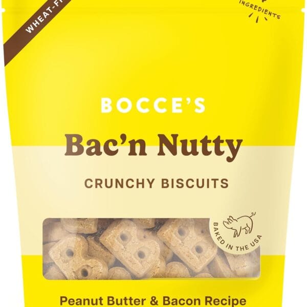 Bocce's Bakery Oven Baked Bac'N Nutty Treats for Dogs, Everyday Wheat-Free Dog Treats, Made with Real Ingredients, Baked in The USA, All-Natural PB & Bacon Biscuits, 5 oz