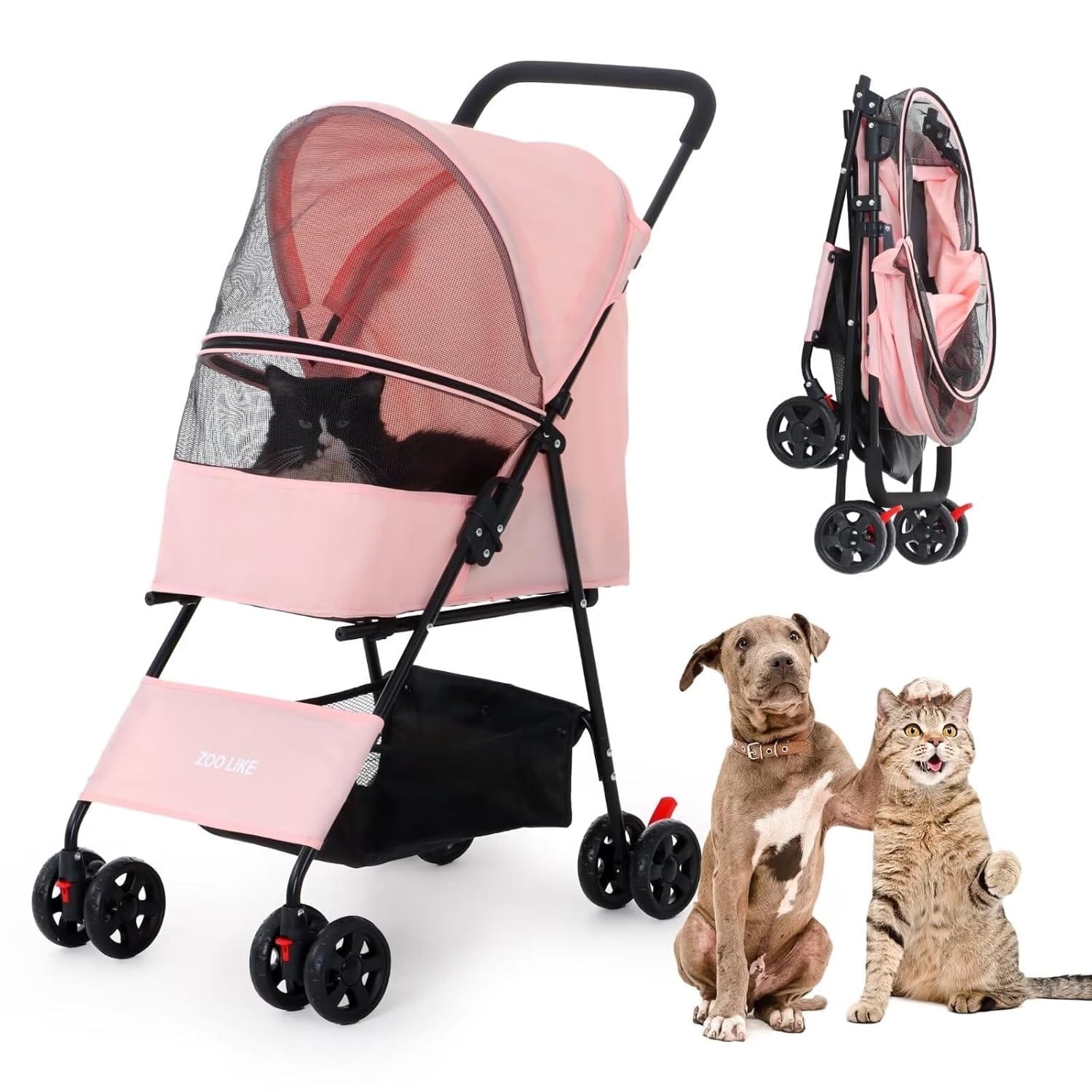 Zoolike Pet Stroller for Cats and Dogs, 4-Wheeled Foldable Travel Carrier with Storage Basket, Gray Zoolike Pet Stroller for Cats and Dogs, 4-Wheeled Foldable Travel Carrier with Storage Basket, Gray