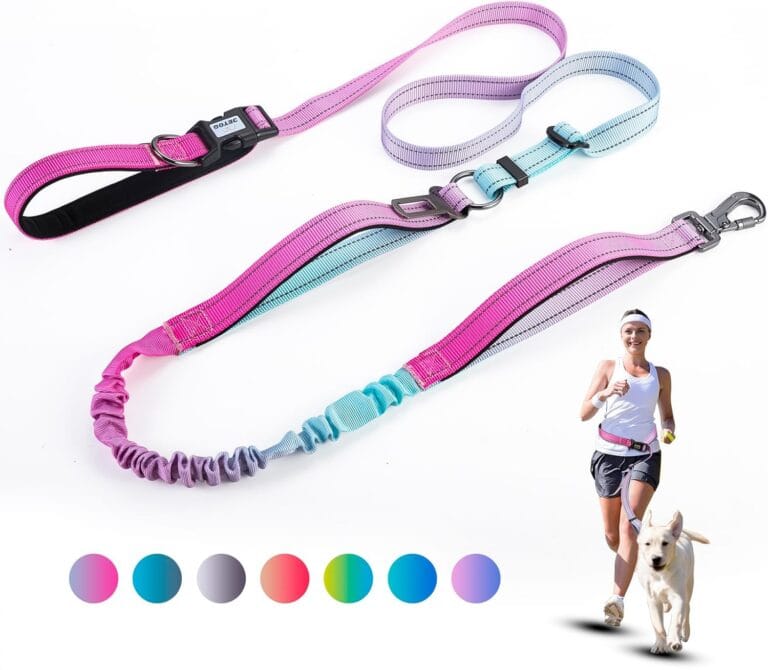 Heavy Duty Hands Free Dog Leash, 5-7 FT Reflective Adjustable Waist Dog Leash Belt with Padded Handles, Shock Absorbing Bungee and Car Seat Belt for Large Medium Dogs (Gradient Pink, XL)