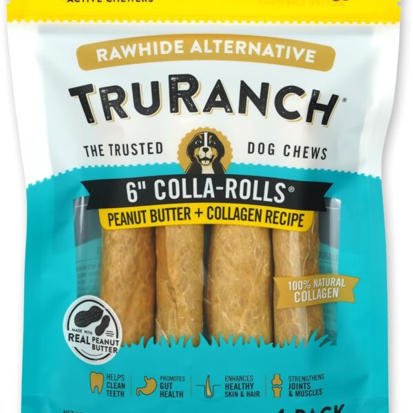 TRURANCH Collagen Rolls - 6" Collagen Rolls for Dogs - Long Lasting Healthy Joint Support Dog Treat - Rawhide Alternative - Skin & Coat Health - Made with Real Peanut Butter, 1 Bag, 4 Count