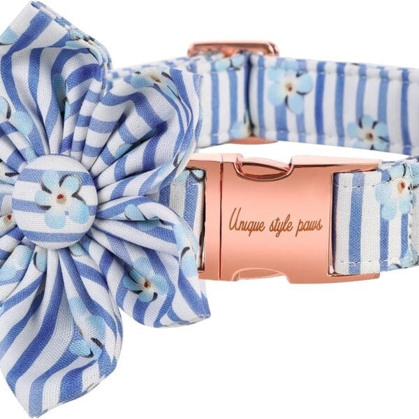 Unique Style Paws Blue Striped Dog Collar, Multi-layered Designer Fabric, Including Flower Accessory, Medium Size, Unisex, 17.75" L x 1.2" W, Suitable for Small, Medium, Large Dogs