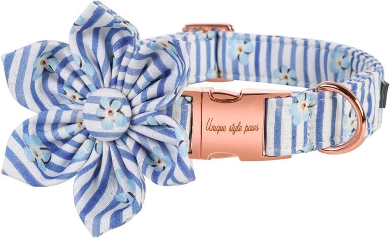 Unique Style Paws Blue Striped Dog Collar, Multi-layered Designer Fabric, Including Flower Accessory, Medium Size, Unisex, 17.75" L x 1.2" W, Suitable for Small, Medium, Large Dogs