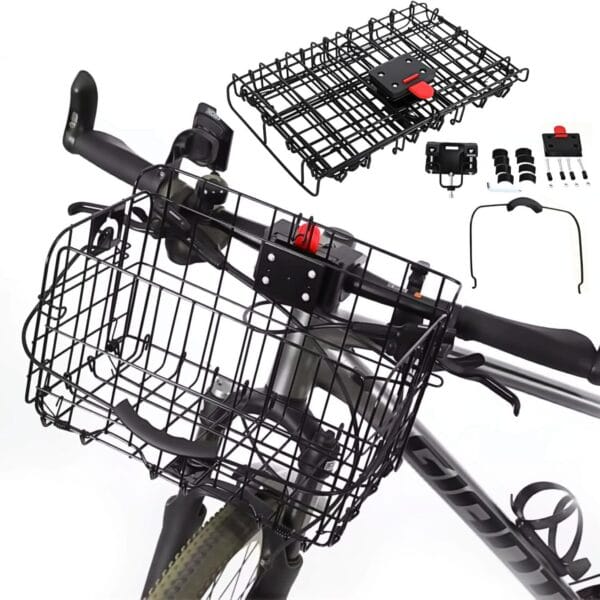 Folding Front Bike Basket, Quick Release Metal Bicycle Cargo Basket with Handle, Waterproof Cover & Cargo Net for Commuting, Shopping & Pet Transport, Easy Installatio