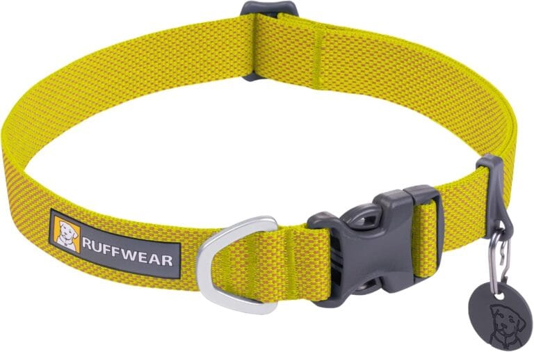 Ruffwear, Hi & Light Dog Collar, Ultralight Reflective Quick Release Buckle, Adjustable Trail Running Polyester Collar with Silent ID Attachment, Lichen Green, 11"-14"