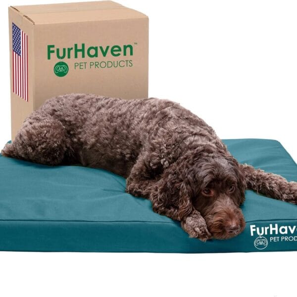 Furhaven Water-Resistant Orthopedic Dog Bed for Large/Medium Dogs w/ Removable Washable Cover, For Dogs Up to 55 lbs - Indoor/Outdoor Logo Print Oxford Polycanvas Mattress - Deep Lagoon, Large