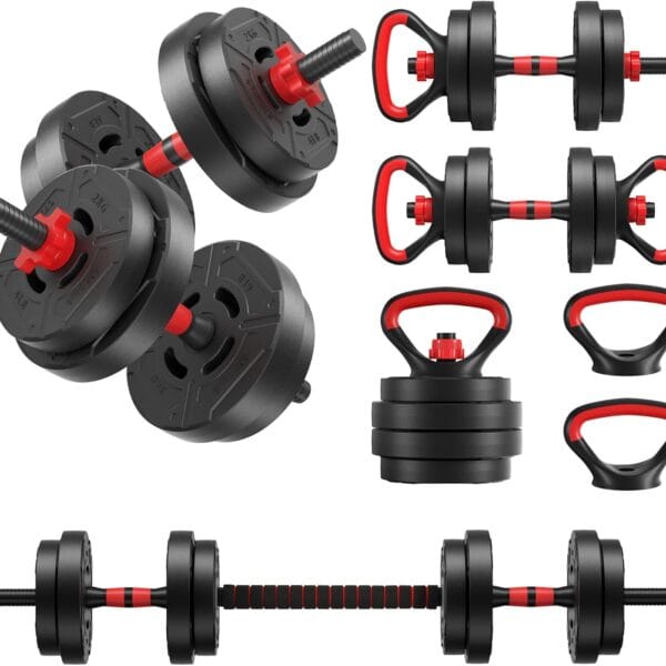 Fitvids Multi-Functional Portable Changeable Dumbbell and Barbell Kettlebell Set with Adjustable Weights, 40LBS or 60LBS Sets, 2-in-1 or 4-in1, Multiple Styles