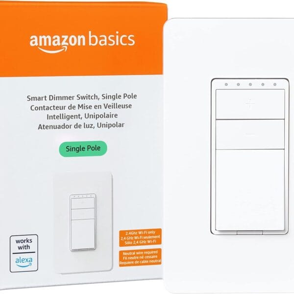 Amazon Basics Smart Dimmer Switch, Single Pole, Works with Alexa Only, 2.4 GHz Wi-Fi, No Hub Required, White