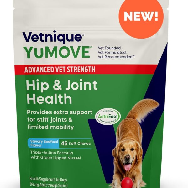 Yumove Hip & Joint Supplement for Dogs with Glucosamine, Hyaluronic Acid, Green Lipped Mussel & Omega 3 Joint Supplement - Regular or Advanced Strength (45 Count, Advanced Vet Strength Soft Chews)