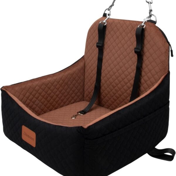 Car Dog Seat with 2 Safety Leashes,Dog Car Booster Seat for Small Medium Dogs 0-28lbs,Pet Travel Safety Bed with Storage PocketsFully Detachable and Easy to Install(S1-Black Outside Brown Inside)