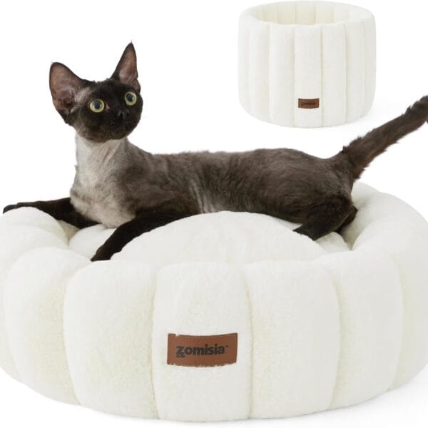 Plush Donut Kitten Beds, Round Small Dog Bed for Puppies, Anti-Slip Bottom, Beige