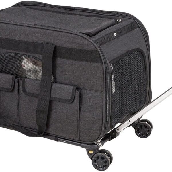 Cat Carrier with Wheels, Rolling Pet Carrier with Telescopic Handle and Shoulder Strap, Dog Carrier with Wheels for Pets Under 35 lbs, with 1 Folding Bowl, Black