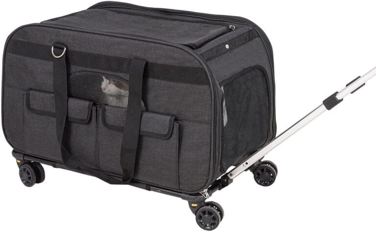 Cat Carrier with Wheels, Rolling Pet Carrier with Telescopic Handle and Shoulder Strap, Dog Carrier with Wheels for Pets Under 35 lbs, with 1 Folding Bowl, Black