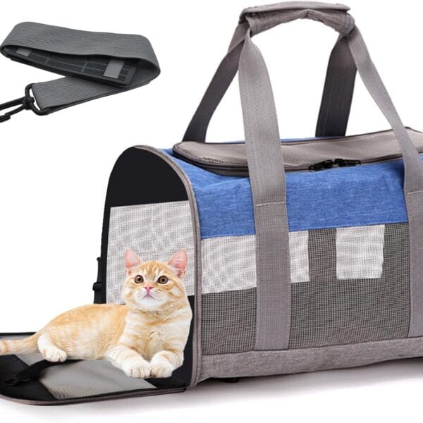 Soft Sided Pet Carrier for Cat,Airline Approved Cat Carriers Collapsible Portable Kitten Travel Crate Breathable Ventilated Grey Blue Puppy Carrying Bag Under to 12 Lb