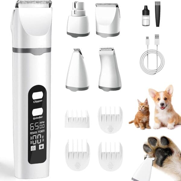4 in 1 Dog Clippers Grooming Kit with LED Screen, Cordless Quiet Paw Trimmer & Nail Grinder, Rechargeable Waterproof Feet Ear Body Hair Shaver for Cats Dogs Pet Supplies, Pure White