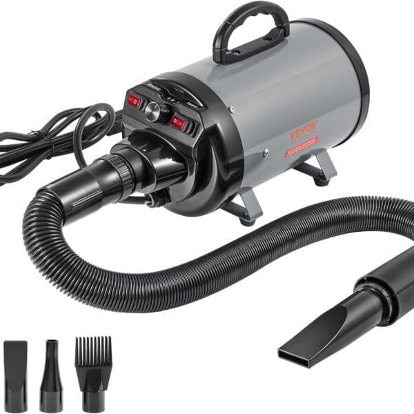 VEVOR Dog Dryer, 2800W/4.3 HP Dog Blow Dryer, Pet Grooming Dryer with Adjustable Speed and Temperature Control, Pet Hair Dryer with 4 Nozzles and Extendable Hose, Grey and Black