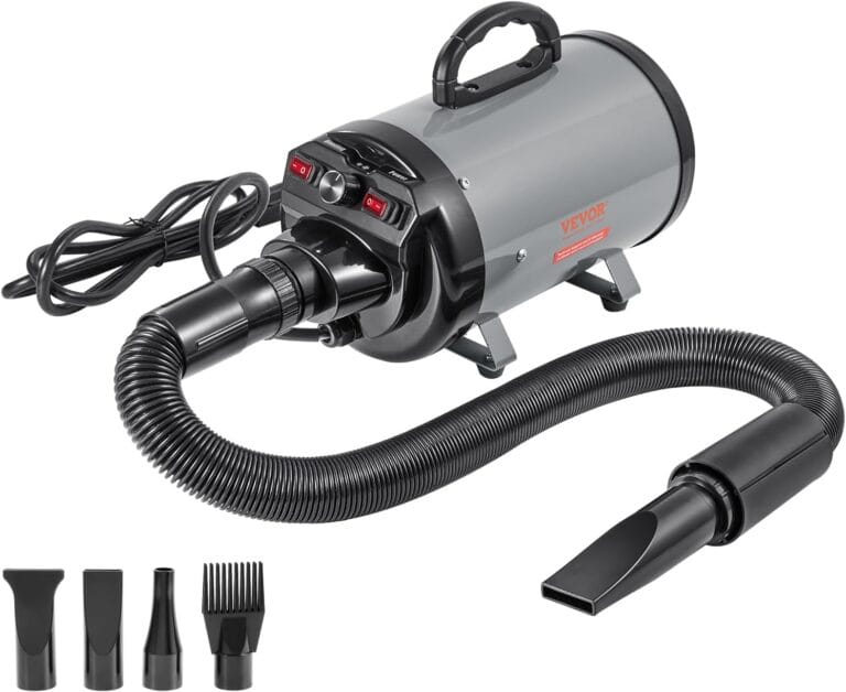 VEVOR Dog Dryer, 2800W/4.3 HP Dog Blow Dryer, Pet Grooming Dryer with Adjustable Speed and Temperature Control, Pet Hair Dryer with 4 Nozzles and Extendable Hose, Grey and Black