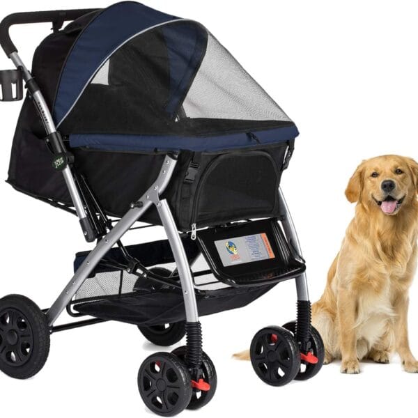 HPZ Pet Rover Premium Heavy Duty Dog/Cat/Pet Stroller Travel Carriage With Convertible Compartment/Zipperless Entry/Reversible Handle/Pump-Free Rubber Tires for Small, Medium, Large Pets-Midnight Blue