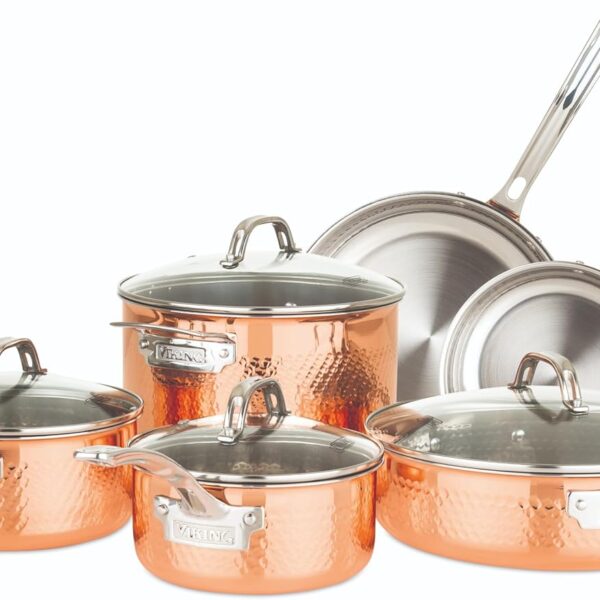 Viking 3-Ply Pots and Pans Set, 10 Piece Copper Kitchen Cookware with Glass Lids, Hammered Copper