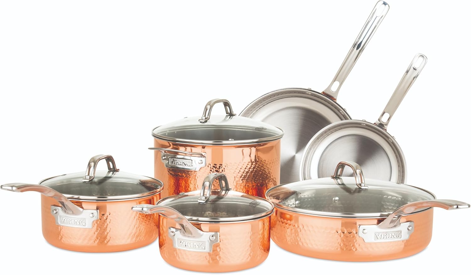Viking 3-Ply Pots and Pans Set, 10 Piece Copper Kitchen Cookware with Glass Lids, Hammered Copper Viking 3-Ply Pots and Pans Set, 10 Piece Copper Kitchen Cookware with Glass Lids, Hammered Copper