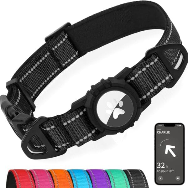 Joytale Airtag Dog Collar, Dual D-Rings, Waterproof Reflective Pet Collar with AirTag Holder, Soft Padded Adjustable for Large Dogs, Black, L