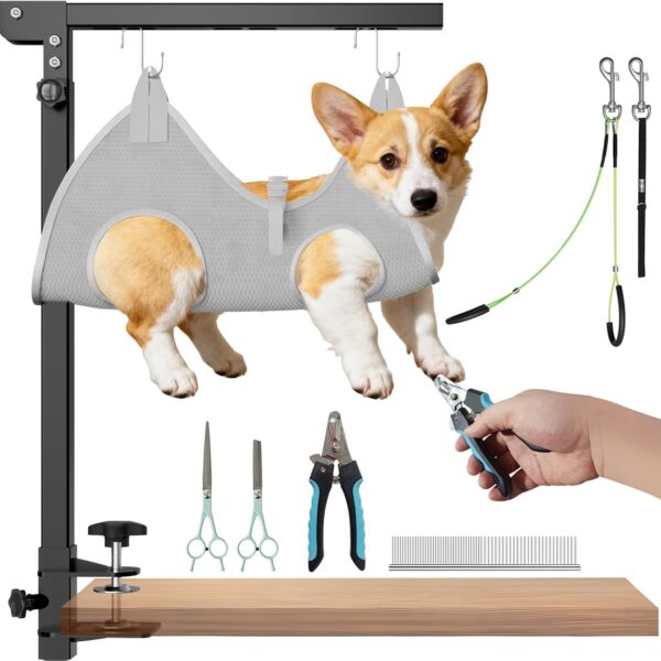 Professional Dog Grooming Table Arm with Hammock, Scissors, Nail Clipper Kit - Adjustable Grooming Arm Restraint System for Small Medium Pets at Home or Salon(Gray)