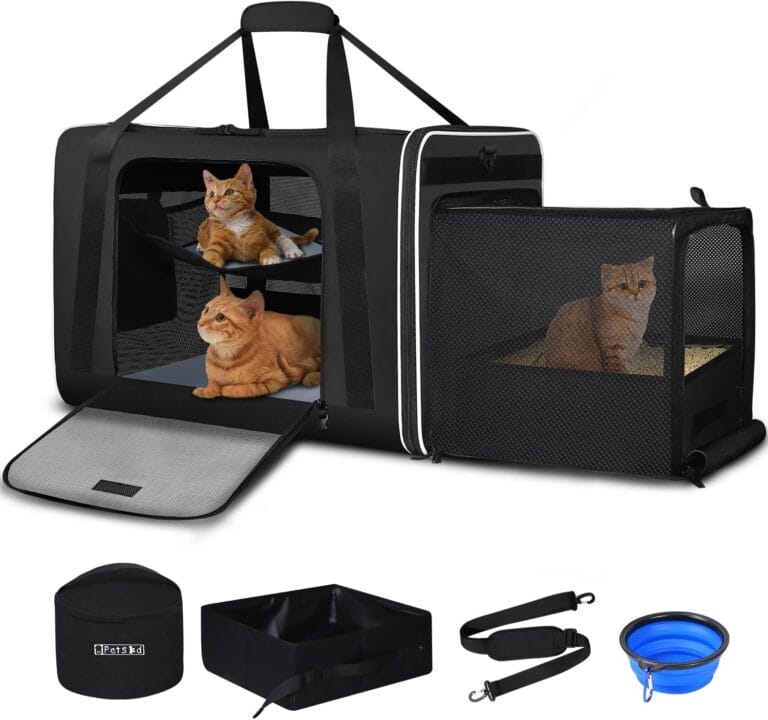 Petskd Side Expandable Extra Large Cat Carrier with Litter Box Area, 24"x17"x17" Soft-Sided Pet Carrier for 2 Cats Under 55 lbs with Zipper Locks for Car Travel(Black)