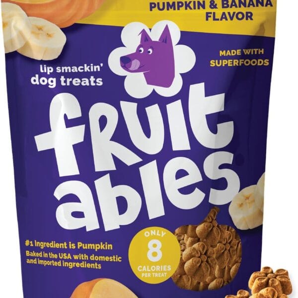 Fruitables Baked Dog Treats, Healthy Pumpkin Treat for Dogs, Low Calorie & Delicious, No Wheat, Corn or Soy, Made in the USA, Pumpkin and Banana Flavor, 7oz