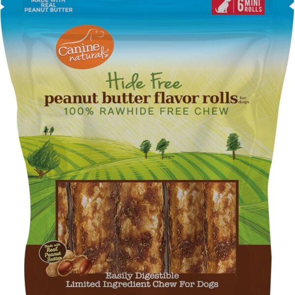 Canine Naturals Peanut Butter Chew - 100% Rawhide Free Dog Treats - Made with Real Peanut Butter - All-Natural and Easily Digestible - 6 Count of 2.5 Inch Mini Rolls for Dogs Under 20lbs