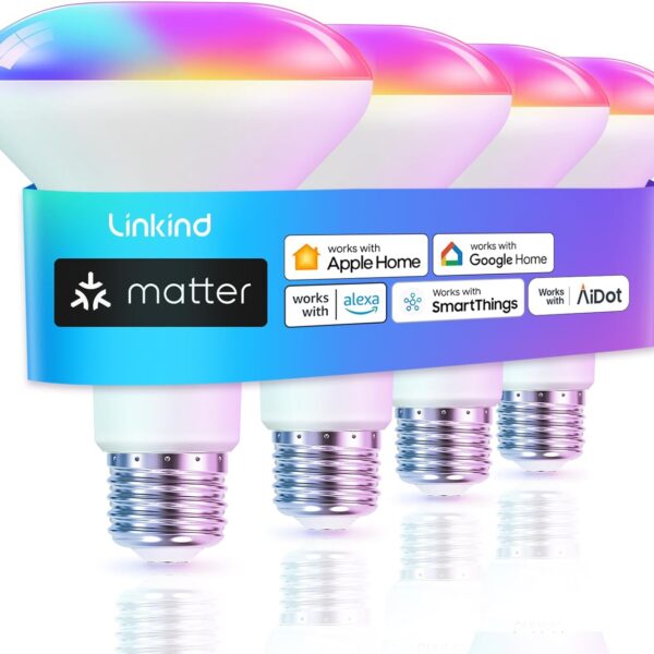 Linkind Matter Smart Light Bulb, BR30 Smart Bulbs, Recessed LED Color Changing Light Bulbs RGBTW, E26 Smart Flood Light Bulbs 650LM 60W Work with Alexa, Apple Home, Google Home, SmartThings, 4Pack