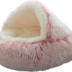 Calming Dog Bed & Cat Cave with Hooded Cover, Plush Fluffy Anti-Anxiety Cat Bed, Waterproof Bottom Washable (Pink, 25.6X25.6inch)