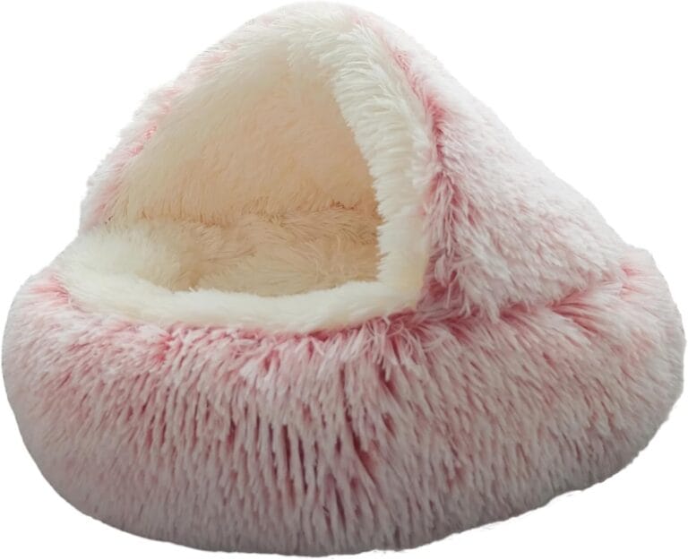Calming Dog Bed & Cat Cave with Hooded Cover, Plush Fluffy Anti-Anxiety Cat Bed, Waterproof Bottom Washable (Pink, 25.6X25.6inch)