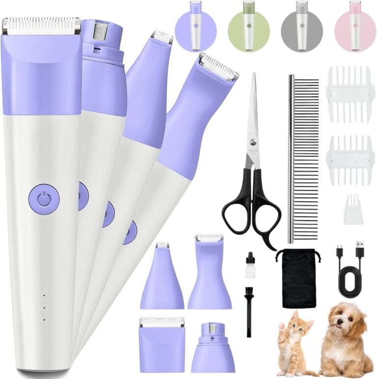 Dog Clippers Grooming Kit, 4 in 1 Quiet Cordless Dog Paw Trimmer & Nail Grinder, Small Cat Clippers Electric Rechargeable Low Noise Pet Shaver for Trimming Hair on Paw Eye Ear Face Rump (Purple)